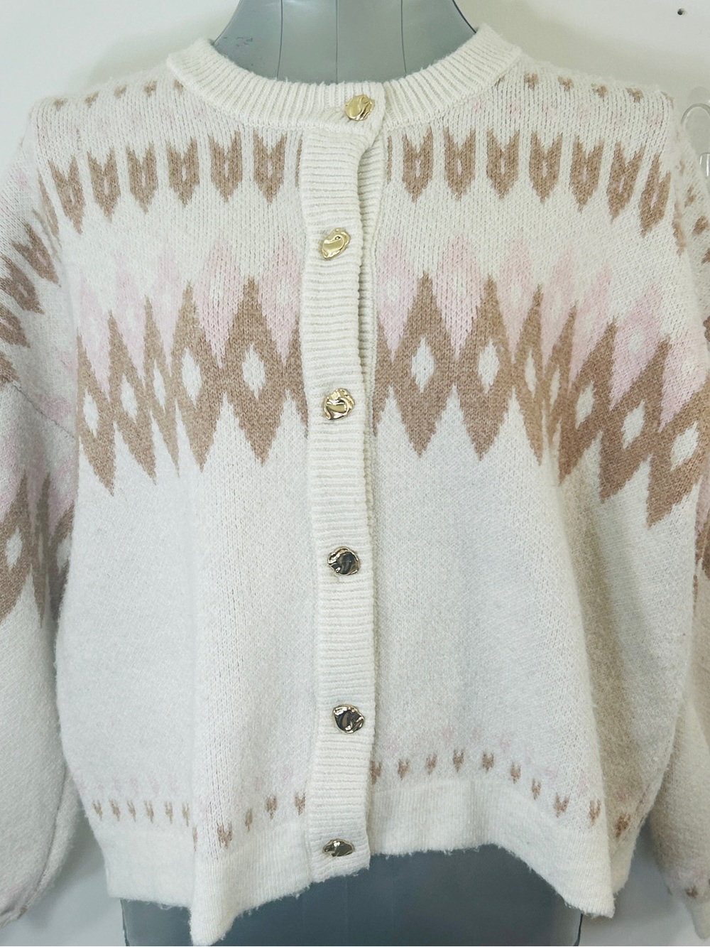 Song of Style Ivory Cardigan with Beige and Soft Pink Fair Isle Accents